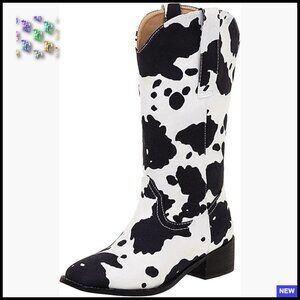 Cow Print Western Boots Chunky Heel Mid Calf Square Toe Cowboy Boots